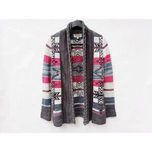 Ecote Womens Cardigan Sweater Multicolor Aztec Striped Long Sleeve Open Front S